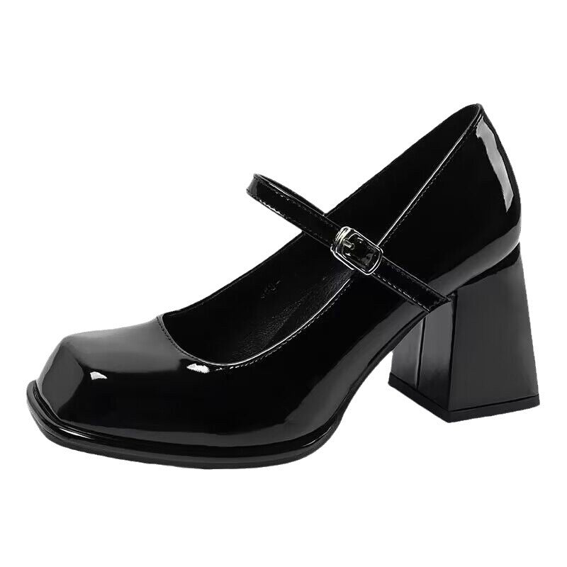 Women's Retro Black Leather Shoes Square Toe Chunky Heel Shoes