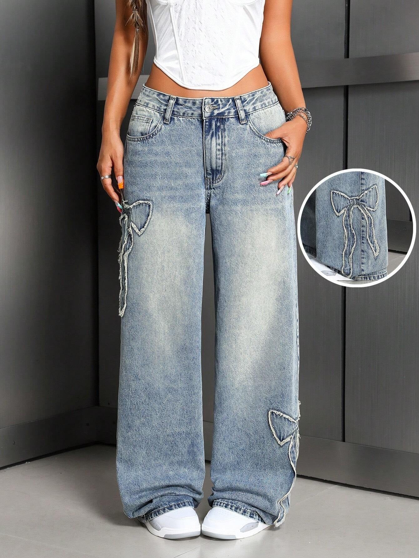 Bow Embroidery Washed Straight Leg Jeans