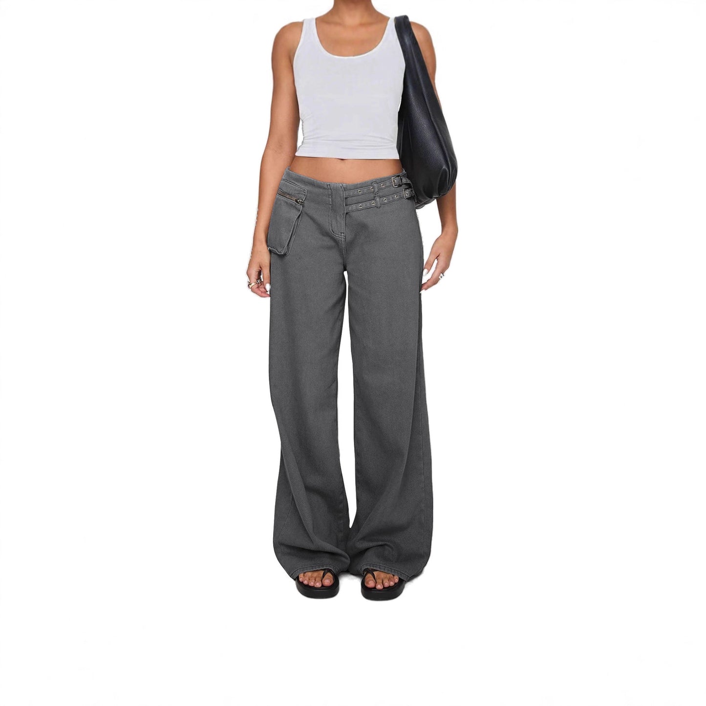 Dark Wide-leg Jeans Personalized Belt Buckle Asymmetric Pocket Drag Sister Out Of The Street