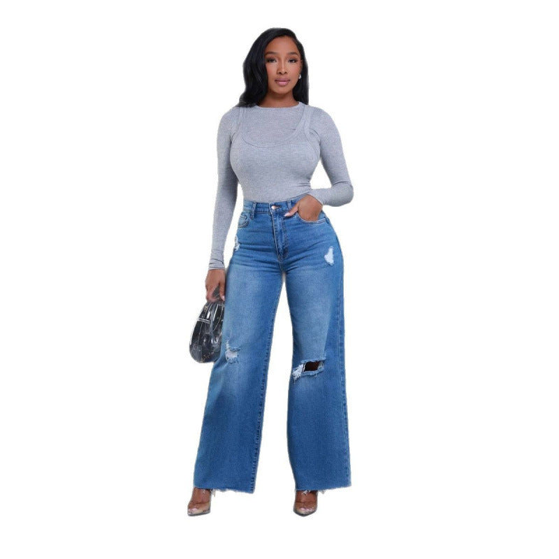 Women's Ripped High Waist Loose Straight Wide Leg Jeans