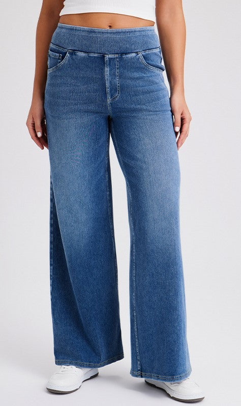 Plus Size Women's High Waist Flared Jeans With Multiple Pockets, Straight Loose Fit, Distressed Casual Denim Pants