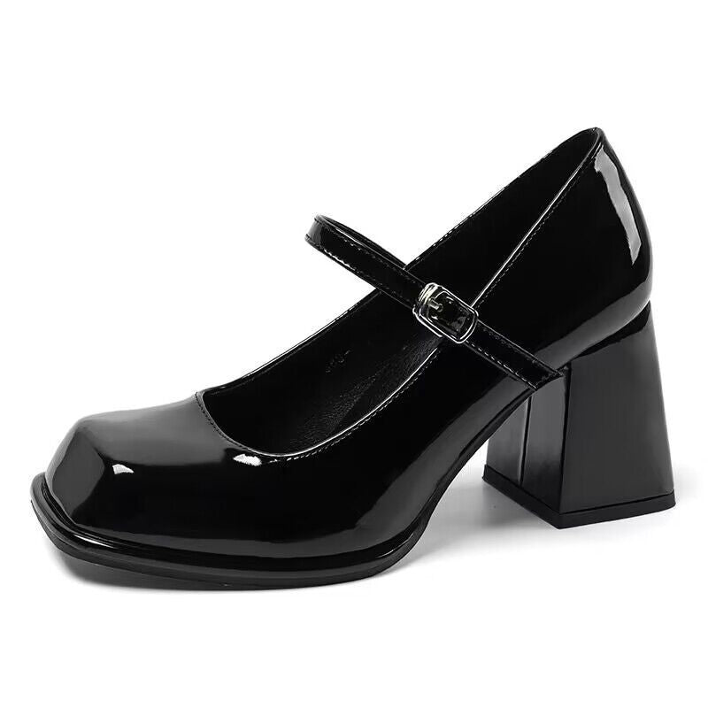 Women's Retro Black Leather Shoes Square Toe Chunky Heel Shoes