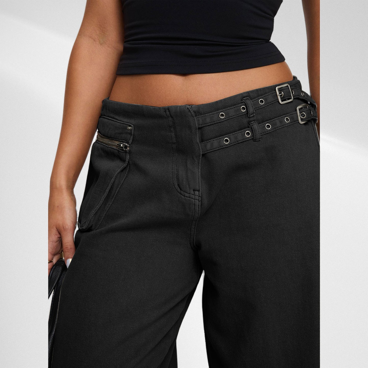 Dark Wide-leg Jeans Personalized Belt Buckle Asymmetric Pocket Drag Sister Out Of The Street