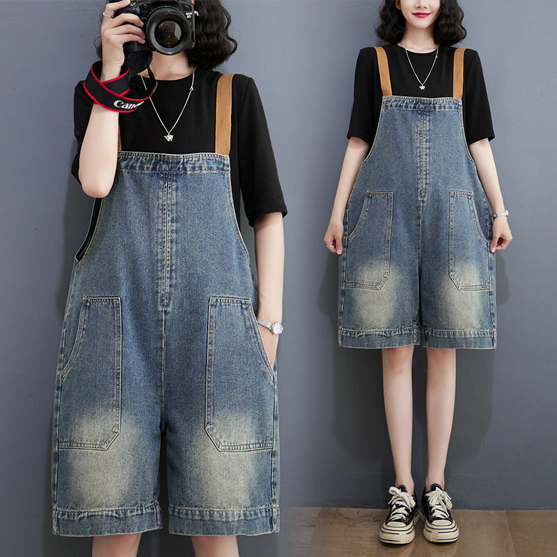 Artsy Loose-fitting Versatile Plus Size Shoulder Strap Jeans