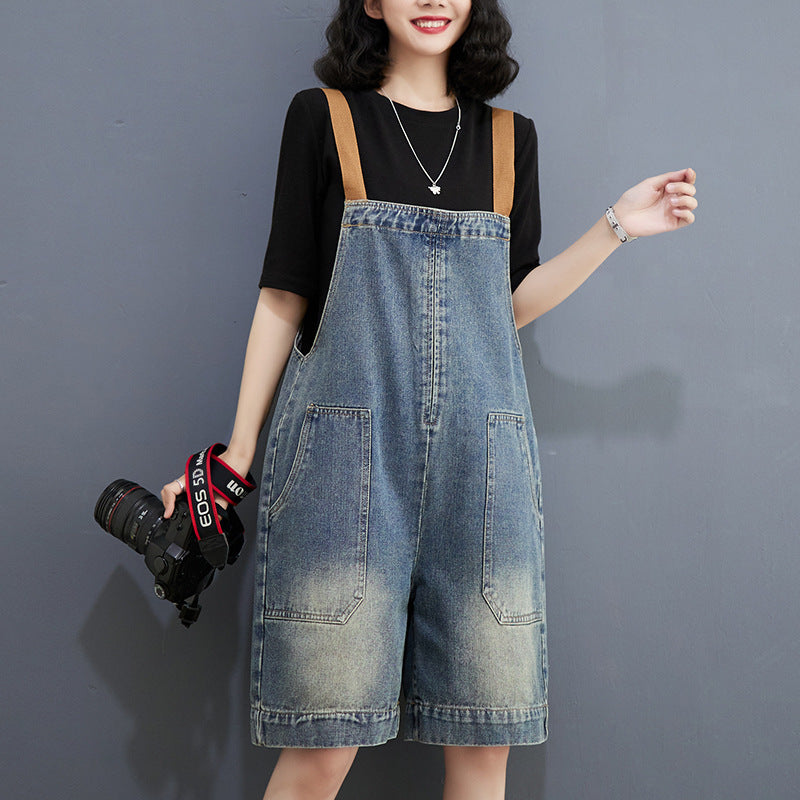 Artsy Loose-fitting Versatile Plus Size Shoulder Strap Jeans